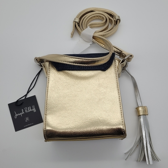 JOSEPH RIBKOFF | patchwork denim & metallic gold tassel mini crossbody purse - Picture 2 of 5